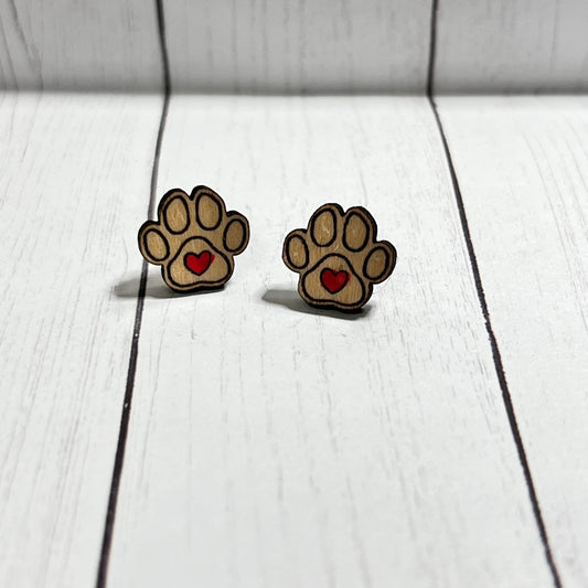 Heart Shaped Dog Paw/Red Heart Earrings